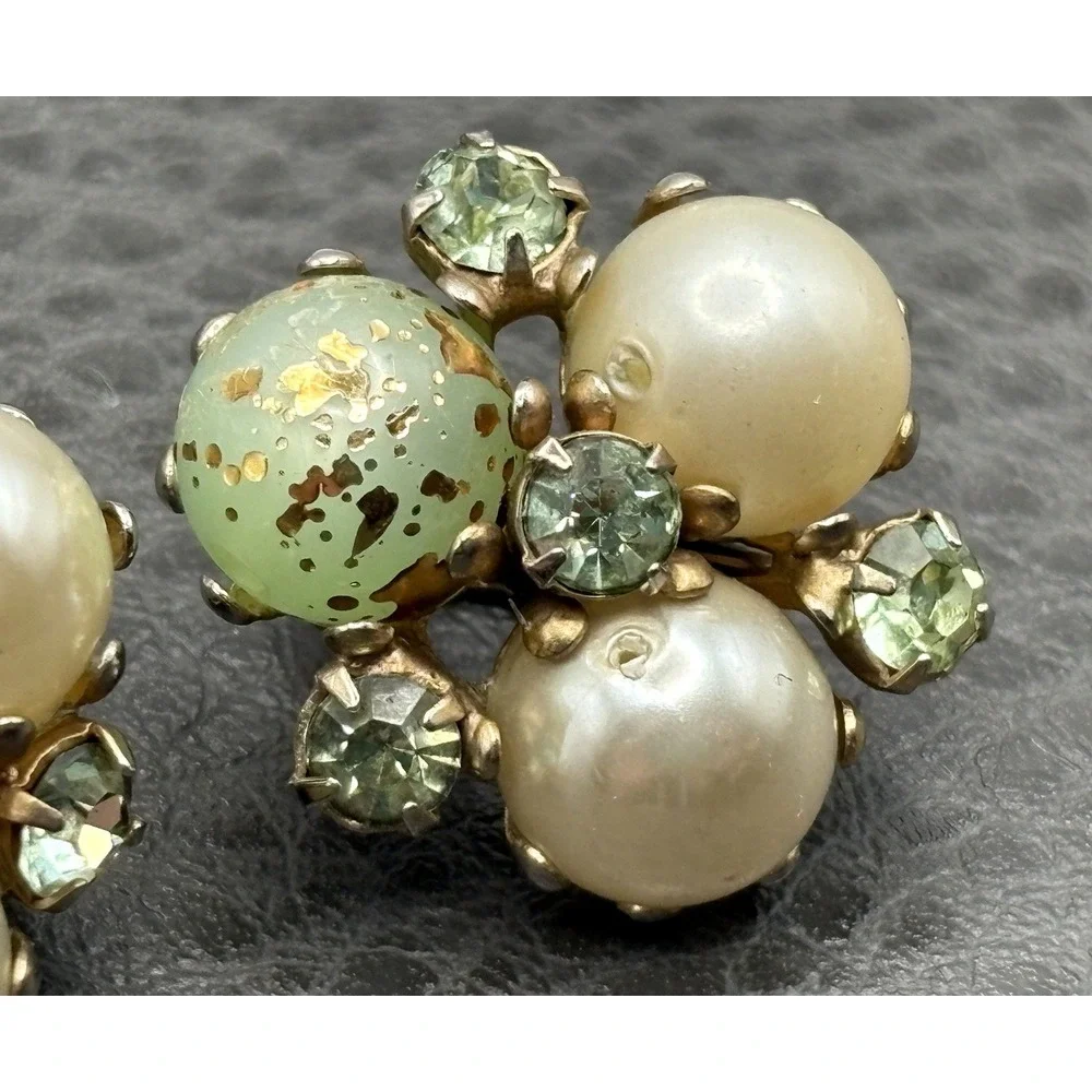 Vintage Faux Pearl Speckled Green Bead Rhinestone Cluster Clip On Earrings